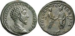 Roman Imperial & Provincial Marcus Aurelius, 161-180. Sestertius (Orichalcum, 33 mm, 28.91 g, 12 h), Rome, 161. IMP CAES M AVREL ANTONINVS AVG P M Bare-headed and cuirassed bust of Marcus Aurelius to 
