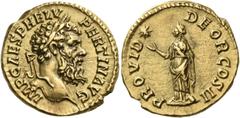 Roman Imperial & Provincial Pertinax, 193. Aureus (Gold, 19.5 mm, 7.26 g, 12 h), late January-March 193. IMP CAES P HELV PERTIN AVG Laureate and bearded head of Pertinax to right. Rev. PROVID DEOR COS