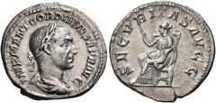 Roman Imperial & Provincial Gordian I, 238. Denarius (Silver, 19.5 mm, 2.59 g, 11 h), Rome, March-April 238. IMP M ANT GORDIANVS AFR AVG Laureate, draped and cuirassed bust of Gordian I to right, seen