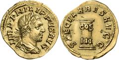 Roman Imperial & Provincial Philip I, 244-249. Aureus (Gold, 20.5 mm, 4.01 g, 4 h), struck to commemorate the 1000th anniversary of Rome, Rome, 248. IMP• PHILIPPVS AVG Radiate, draped and cuirassed bu