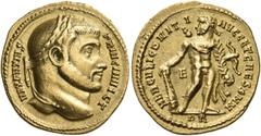 Roman Imperial & Provincial Maxentius, as Princeps and Caesar, 306-307. Aureus (Gold, 18.5 mm, 5.57 g, 1 h), Rome, 1st officina, late 306-early spring 307. MAXENTIVS - PRINC INVICT Laureate head of Ma