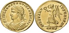 Roman Imperial & Provincial Constantius II, as Caesar, 324-337. Solidus (Gold, 20 mm, 4.38 g, 1 h), Constantinople, 335-336. FL IVL CONSTANTIVS NOB CAES Laureate, draped and cuirassed bust of Constant