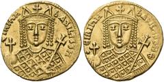 Byzantine Irene, 797-802. Solidus (Gold, 19.5 mm, 4.33 g, 6 h), Constantinople. ϵIRIҺH bASILISSH Bust of Irene facing, wearing loros and crown with cross, pinnacles and pendilia, holding a globus cruc