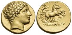 Greek KINGS OF MACEDON. Philip II, 359-336 BC. Stater (Gold, 18 mm, 8.58 g, 4 h), struck under Philip III or Kassander, Amphipolis (?), circa 323/2-315 BC. Laureate head of Apollo to right; faint graf