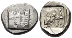 Greek CILICIA. Tarsos or an Uncertain Mint in Southwestern Asia Minor. Circa 455-400 BC. Stater (Silver, 22 mm, 10.94 g, 3 h), overstruck on an uncertain stater of Aspendos. Crenelated city walls with