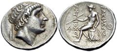 Greek SELEUKID KINGS OF SYRIA. Antiochos I Soter, 281-261 BC. Tetradrachm (Silver, 30 mm, 17.12 g, 7 h), Seleukia on-the-Tigris. Diademed head of Antiochos I to right. Rev. ΒΑΣΙΛΕΩΣ ΑΝΤΙΟXΟΥ Apollo se