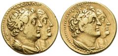 Greek PTOLEMAIC KINGS OF EGYPT. Ptolemy II Philadelphos, with Arsinöe II, Ptolemy I, and Berenike I, 285-246 BC. Mnaeion or Octadrachm (Gold, 27 mm, 27.68 g, 12 h), Alexandria, after 272 BC. ΑΔΕΛΦΩΝ D