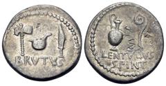 Roman Republican & Imperatorial Brutus with P. Cornelius Lentulus Spinther, early 42 BC. Denarius (Silver, 18.5 mm, 3.64 g, 11 h), military mint, probably at Smyrna. BRVTVS Axe, simpulum and knife. Re