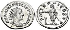 Roman Imperial Philip II, 247-249. Antoninianus (Silver, 23.5 mm, 4.87 g, 7 h), Antioch, 249. IMP M IVL PHILIPPVS AVG Radiate, draped and cuirassed bust of Philip to right, seen from behind. Rev. P M 
