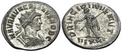 Roman Imperial Numerian, as Caesar, 282-283. Antoninianus (Billon, 28 mm, 4.11 g, 6 h), Ticinum, 6th officina, late 282. M AVR NVMERIANVS NOB C Radiate, draped and cuirassed bust of Numerian to right.