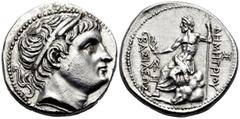 Greek KINGS OF MACEDON. Demetrios I Poliorketes, 306-283 BC. Tetradrachm (Silver, 27.5 mm, 16.83 g, 2 h), Amphipolis, c. 292-291. Diademed head of Demetrios to right, wearing bull's horn above his for
