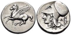 Greek CORINTHIA. Corinth. Circa 375-300 BC. Stater (Silver, 21 mm, 8.50 g, 9 h). Pegasus flying to left with pointed wing, below, Ϙ. Rev. Head of Aphrodite to left, wearing pearl necklace and Corinthi