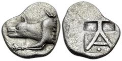 Greek ARGOLIS. Argos. Circa 480/70-440/30 BC. Triobol (Silver, 16 mm, 2.78 g, 12 h), c. 480s-470s. Forepart of wolf at bay to left, with both legs parallel to the neck as if he were lying down; above 
