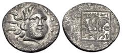 Greek ISLANDS OFF CARIA, Rhodos. Rhodes. Circa 88-84 BC. Hemidrachm (Silver, 12.5 mm, 0.90 g, 11 h), 'Plinthophoric' coinage, struck under the magistrate Menodoros. Radiate head of Helios facing, turn