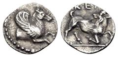 Greek CILICIA. Kelenderis. Circa 425-400 BC. Hemiobol (Silver, 7.5 mm, 0.30 g, 1 h). Forepart of Pegasos to right. Rev. Goat kneeling to right, head to left. SNG France 94. SNG France 27 var (as obol)