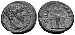 Roman Provincial LYDIA. Maeonia. Marcus Aurelius, 161-180. Hemiassarion (Bronze, 18 mm, 3.70 g, 12 h). Μ ΑΥΡΗΛΙOC OΥΗΡOC ΚΑΙ Bare head of Marcus Aurelius to right. Rev. ΜΑΙO-ΝΩΝ Cult statue of Artemis