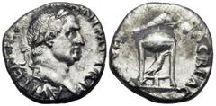 Roman Imperial Vitellius, 69. Denarius (Silver, 18 mm, 2.79 g, 6 h), Rome, April - December 69. A VITELLIVS GERM IMP TR P Laureate head of Vitellius to right. Rev. XV VIR SACR FAC Tripod with covered 
