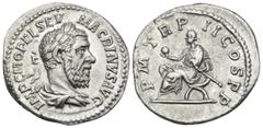 Roman Imperial Macrinus, 217-218. Denarius (Silver, 19.5 mm, 2.92 g, 6 h), Rome, 218. IMP C M OPEL SEV MACRINVS AVG Laureate and draped bust of Macrinus to right. Rev. P M TR P II COS P P Macrinus sea