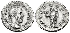 Roman Imperial Pupienus, 238. Denarius (Silver, 20 mm, 3.51 g, 5 h), Rome. IMP C M CLOD PVPIENVS AVG Laureate, draped and cuirassed bust of Pupienus to right. Rev. P M TR P COS II P P Felicitas standi