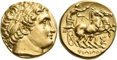 GREEK COINS Kings of Macedon Philip II, 359-336 BC. Stater (Gold, 18 mm, 8.63 g, 12 h), struck under Philip III, Teos, circa 323-316. Laureate head of Apollo to right. Rev. ΦΙΛΙΠΠΟΥ Charioteer, drivin