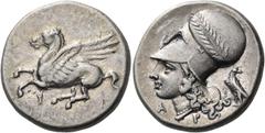 GREEK COINS Corinthia Corinth. Mid 4th century BC. Stater (Silver, 22 mm, 8.50 g, 3 h). Pegasus, with pointed wing, flying to left; below, ?. Rev. Α-Ρ Head of Aphrodite to left, wearing Corinthian hel