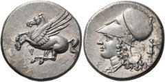 GREEK COINS Corinthia Corinth. Mid 4th century BC. Stater (Silver, 21 mm, 8.62 g, 12 h). Pegasus,with pointed wing, flying to left; below, ?. Rev. Δ-I Head of Aphrodite to left, wearing Corinthian hel