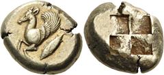 GREEK COINS Mysia Kyzikos. Circa 500-450 BC. Stater (Electrum, 20 mm, 16.12 g). Forepart of a winged doe to left, with rounded wing; below, swimming downwards to left, tunny fish. Rev. Quadripartite i