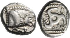 GREEK COINS Dynasts of Lycia Ekuwemi. Circa 480-460 BC. Stater (Silver, 18 mm, 9.17 g, 1 h), uncertain mint. Forepart of a boar running to right. Rev. ekoweimi (in retrograde Lycian). Triskeles. Müsel