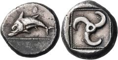 GREEK COINS Dynasts of Lycia Uncertain dynast, circa 470 BC. Stater (Silver, 20 mm, 9.72 g), uncertain mint in central Lycia. Dolphin leaping to left; above, tiara (or die fault?); below, exergual lin