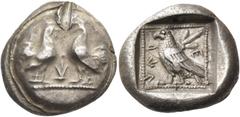 GREEK COINS Dynasts of Lycia Kherei, circa 430-410 BC. Stater (Silver, 17 mm, 8.29 g, 8 h), c. 430-420. Two opposed roosters standing facing each other on dotted ground line; between them, monogram (M