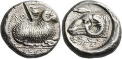 GREEK COINS Cyprus Salamis. Nikodamos, circa 460-450 BC. Stater (Silver, 20 mm, 11.06 g, 11 h). ('pa-si-le-wo-se /ni-ko-da-mo', [Of the King Nikodamos], in retrograde Cypriote syllabary) Ram recumbent