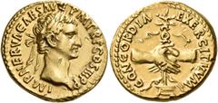 ROMAN COINS Nerva, 96-98. Aureus (Gold, 17 mm, 7.73 g, 6 h), Rome, 97. IMP NERVA CAES AVG P M TR P COS III P P Laureate head of Nerva to right. Rev. CONCORDIA EXERCITVVM Clasped hands holding legionar