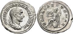 ROMAN COINS Gordian I, 238. Denarius (Silver, 20 mm, 3.02 g, 6 h), Rome, 1-22 April 238. IMP M ANT GORDIANVS FEL AVG Laureate, draped and cuirassed bust of Gordian I to right. Rev. ROMAE AETERNAE Roma