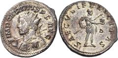 ROMAN COINS Carinus, 283-285. Antoninianus (Bronze, with traces of silvering, 23 mm, 4.13 g, 7 h), Lugdunum. IMP CARINVS P F AVG Radiate and cuirassed bust of Carinus to left, holding spear over his r