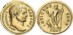 ROMAN COINS Galerius, as Caesar, 293-305. Aureus (Gold, 20 mm, 5.38 g, 6 h), Antioch, 293-295. MAXIMIANVS NOB CAES Laureate head of Galerius to right. Rev. IOVI CONS CAES/ SMAZ Jupiter standing facing
