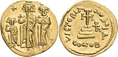 BYZANTINE COINS Heraclius, with Heraclius Constantine and Heraclonas, 610-641. Solidus (Gold, 20 mm, 4.48 g, 6 h), Constantinople, 4th officina = Δ , 632-635. From left to right, Heraclonas, wearing c