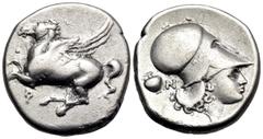 The Vineyard Collection part III CORINTHIA. Corinth. Circa 375-300 BC. Stater (Silver, 21 mm, 8.46 g, 1 h). Q Pegasus with straight wing flying to left. Rev. Head of Aphrodite to right, wearing Corint