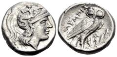Greek CALABRIA. Tarentum. Circa 240-228 BC. Drachm (Silver, 14.5 mm, 3.19 g, 4 h), struck under the magistrate Olympis. Athena wearing Attic helmet with crest to right, her helmet decorated with a fig