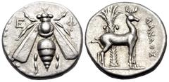 Greek IONIA. Ephesos. Circa 202-150 BC. Drachm (Silver, 15.5 mm, 4.11 g, 1 h), struck under the magistrate Danaos. E - Φ Bee with straight wings. Rev. ΔΑΝΑΟΣ Stag standing to right before palm tree. K