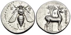 Greek IONIA. Ephesos. Circa 202-150 BC. Drachm (Silver, 18 mm, 4.27 g, 12 h), struck under the magistrate Hekatonymos. E - Φ Bee with straight wings. Rev. ΕΚΑΤΩΝΥ[ΜΟΣ] Stag standing to right before pa