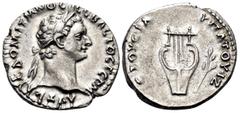 Roman Provincial LYCIA. Koinon of Lycia. Domitian, 81-96. Drachm (Silver, 19 mm, 3.54 g, 7 h), 95. ΑΥΤ ΚΑΙC ΔΟΜΙΤΙΑΝΟC CEΒΑϹΤΟC ΓEΡΜ Laureate head of Domitian to right. Rev. EΤΟΥC ΙΔ ΥΠΑΤΟΥ ΙΖ Lyre; l