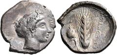 Greek LUCANIA. Metapontum. Circa 400-340 BC. Nomos (Silver, 23 mm, 7.66 g, 7 h), c. 350. NIKA Head of Nike to right, wearing ampyx and sphendone, decorated with three stars and tied above her forehead