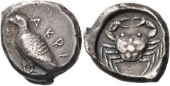 Greek SICILY. Akragas. Circa 495-485 BC. Didrachm (Silver, 21 mm, 9.07 g, 9 h). ΑΚRΑ Eagle standing left with closed wings. Rev. Crab within a circular incuse. BMFA 227 (same dies). Westermark 103.1 (