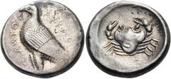 Greek SICILY. Akragas. Circa 465/4-446 BC. Tetradrachm (Silver, 25 mm, 17.42 g, 1 h). AKRAC - ANTOΣ Eagle standing to left. Rev. Crab seen from above. BMC 37 (same dies). Westermark 317.2 (this coin, 