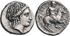 Greek THESSALY. Pherai. Alexander, Tyrant, 369-358 BC. Stater (Silver, 24.5 mm, 11.42 g, 1 h). ΕΝ-ΝΟ[Δ-ΙΑ]Σ Laureate head of Ennodia to right, wearing earring with a large, central, triangular pendant
