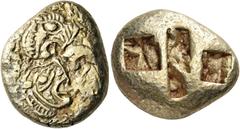 Greek IONIA. Uncertain. Circa 600-550 BC. Stater (Electrum, 22 mm, 14.28 g), on the Milesian weight standard. On the left, two fierce looking animal heads with open mouths to right, facing, on the rig
