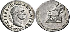 Roman Imperial & Provincial Vitellius, 69. Denarius (Silver, 20 mm, 3.37 g, 6 h), Rome, late April - 20 December 69. A VITELLIVS GERMAN IMP TR P Laureate head of Vitellius to right. Rev. Victory seate