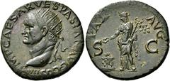 Roman Imperial & Provincial Vespasian, 69-79. Dupondius (Orichalcum, 27 mm, 10.59 g, 6 h), Lugdunum (Lyon), 72. IMP CAES VESPASIAN AVG COS IIII Radiate head of Vespasian to left. Rev. PAX AVG / S-C Pa