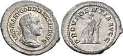 Roman Imperial & Provincial Gordian II, AD 238. Denarius (Silver, 22 mm, 3.26 g, 4 h), Rome. IMP M ANT GORDIANVS AFR AVG Laureate, draped and cuirassed bust of Gordian II to right. Rev. PROVIDENTIA AV