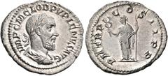 Roman Imperial & Provincial Pupienus, 238. Denarius (Silver, 21 mm, 3.04 g, 12 h), Rome. IMP C M CLOD PVPIENVS AVG Laureate, draped and cuirassed bust of Pupienus to right. Rev. P M TR P COS II P P Fe